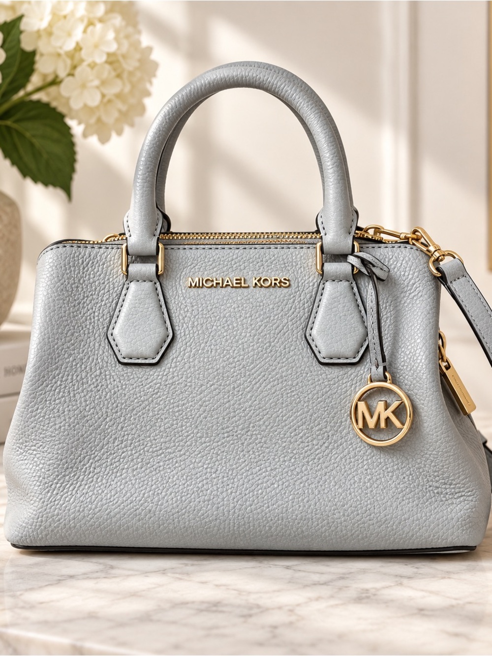 Michael Kors Small Pebbled Leather Satchel in Light Blue-Gray with Gold Hardware